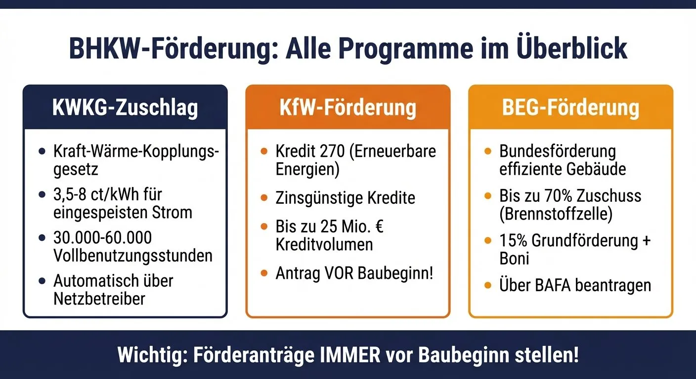 Infografik: BHKW-Förderprogramme im Überblick — KWKG, KfW und BEG