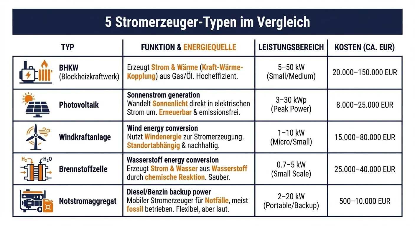 Infografik: 5 Stromerzeuger-Typen im Vergleich nach Leistung und Kosten